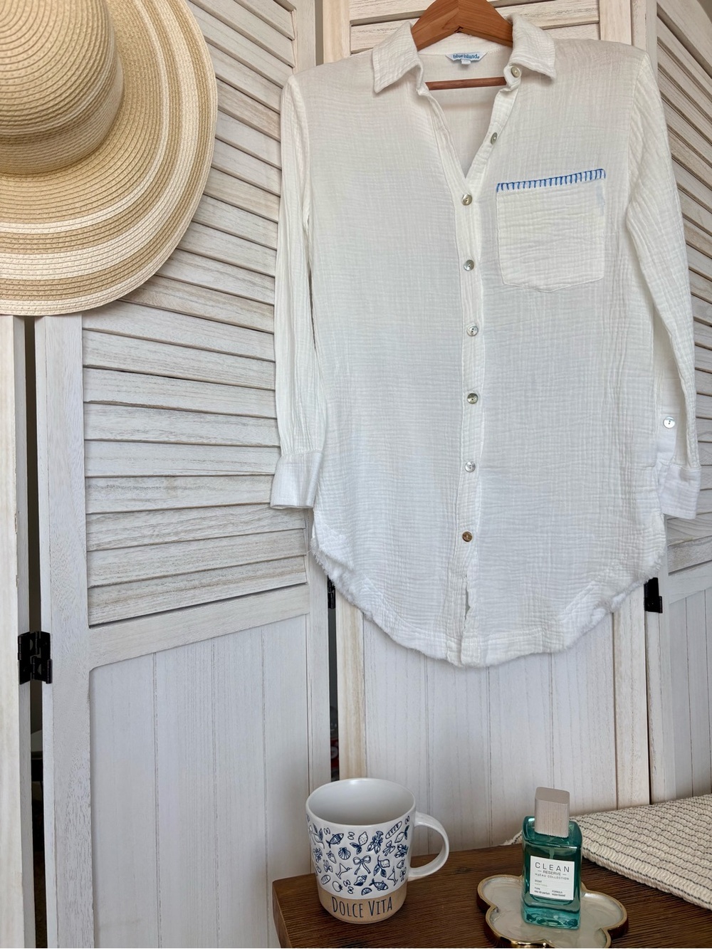 Blue Island St. Tropez Ibiza Mykonos Gauze Button Front Beach Shirt Cover-Up - Picture 2 of 13